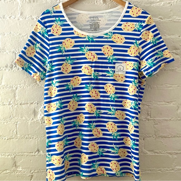 Time and Tru Tops - NWT Womens Blue Striped Top 100% Cotton Yellow Pineapple Print Tropical Summer L